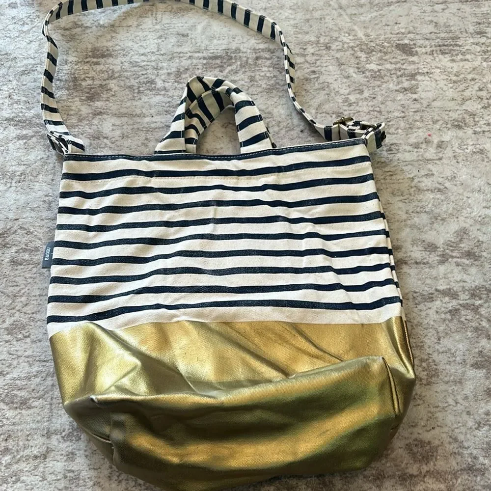 Baggu + West Elm Striped Tote Crossbody strap with gold bottom R painted on